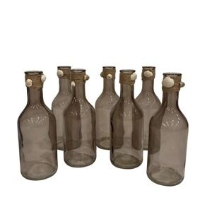 Set of 7 Smoke Gray Glass Bottles Nautical Rope Seashell Decor Bud Vases